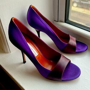 Like new purple satin and leather stilettos 37.5